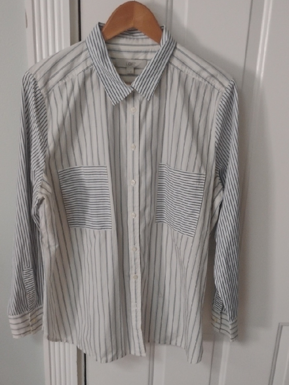 LOFT White Button Up Shirt with Blue Vertical Stripes